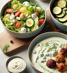 un plato con Ensalada, otro plato con Calabacín, otro plato con Albóndigas y salsa alioli